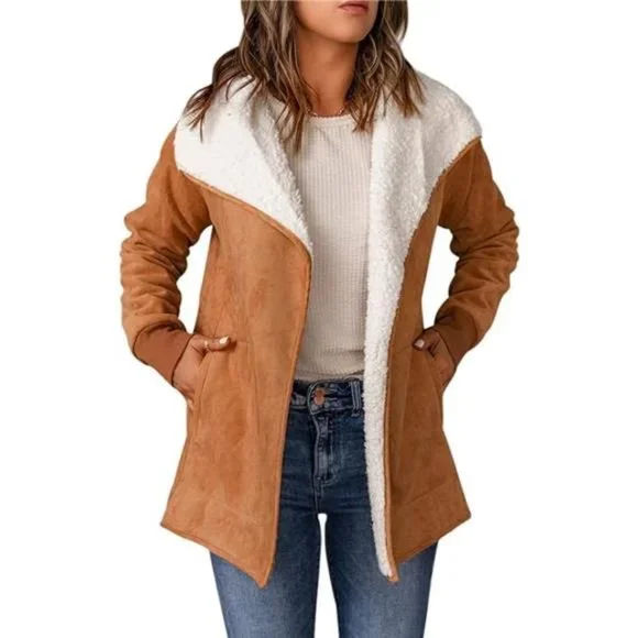 Fleece Jacket Womens Suede Jacket With Sherpa Lining Winter Stand